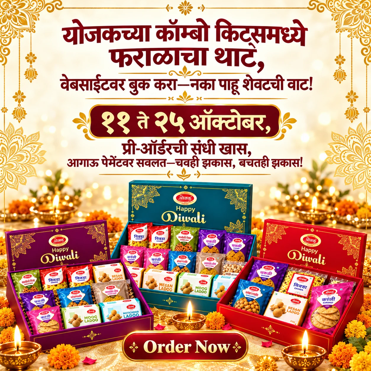 योजक दिवाळी फराळ कॉम्बो किट्स. ११ ते २५ ऑक्टोबर प्री-ऑर्डर करा. आगाऊ पेमेंटवर सवलत.